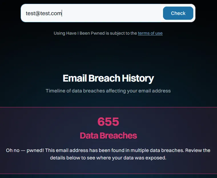 Have I Been Pwned results for the test address test@test.com, showing it has appeared in 655 data breaches.