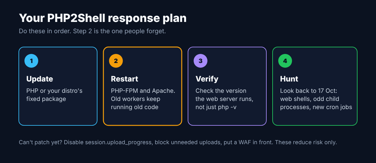 Four-step response plan: update, restart PHP workers, verify the version the web server runs, then hunt for signs of compromise back to 17 October